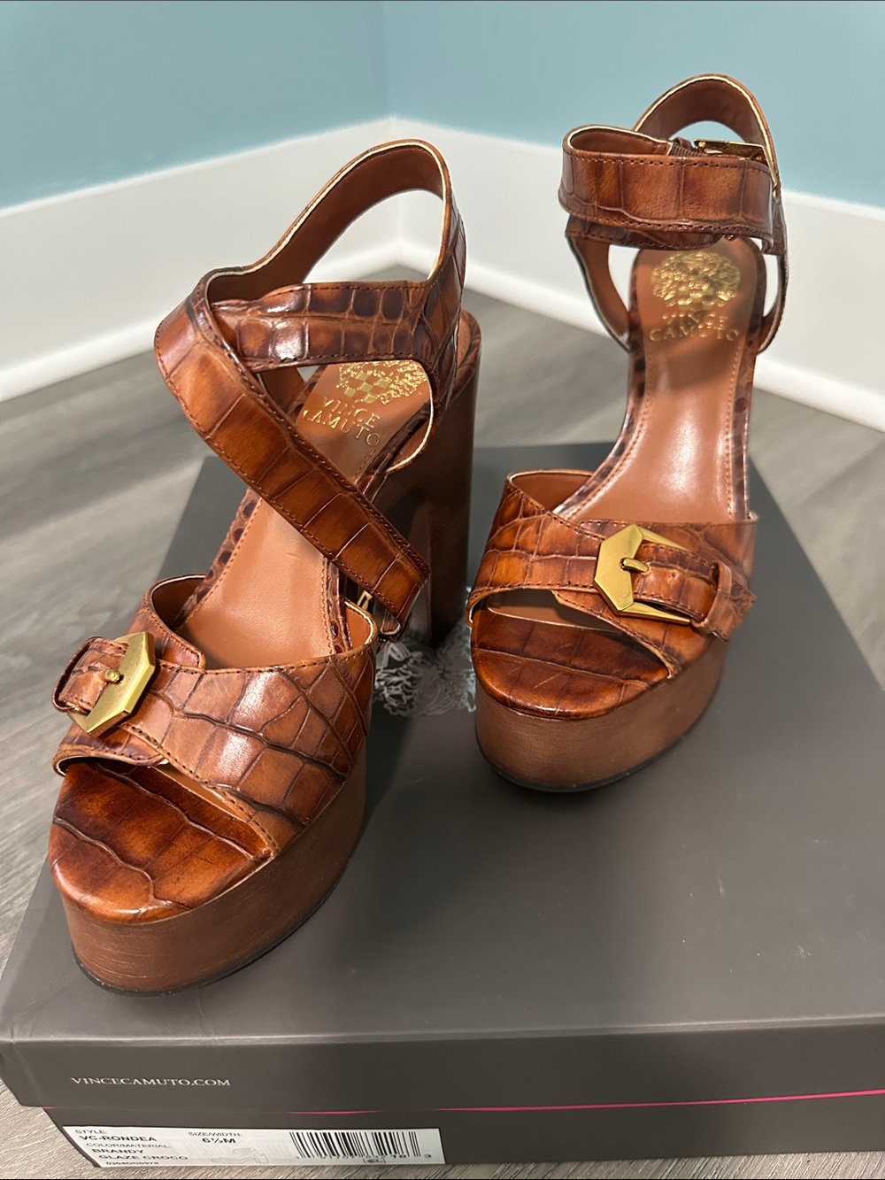 Vince Camuto Cognac Croc-Embossed Leather Platform Sandals